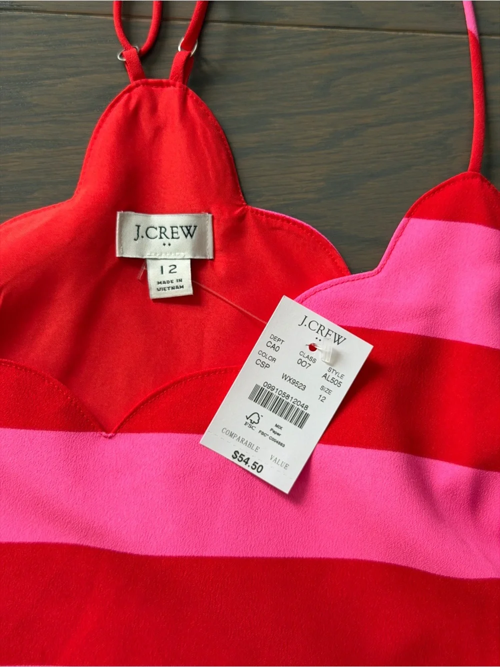 NWT J. Crew Pink & Red Striped Scallop Cami